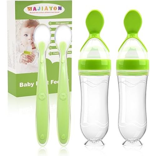 WAJIAYON Baby Food Feeder 4 Pack Silicone Baby Food Dispensing Spoon-3 oz Squeeze Feeding Spoons with Suction Cup for Boys Girl Kids Toddlers - Self Feeding Bottle Spoon-Green