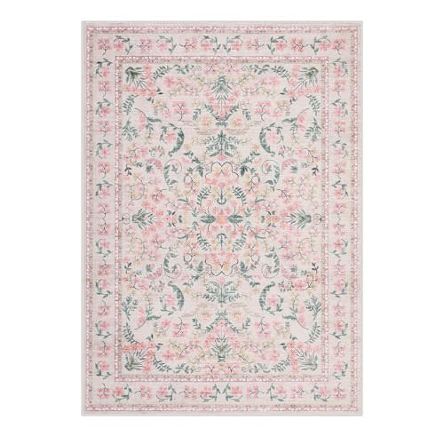 Washable Rug for Living Rooms, Vintage Floral Rug with Non Slip Rubber Backing, Soft Thin Low Pile Carpet, Indoor Non Shedding Floor Covering, Foldable Printed Accent Mat