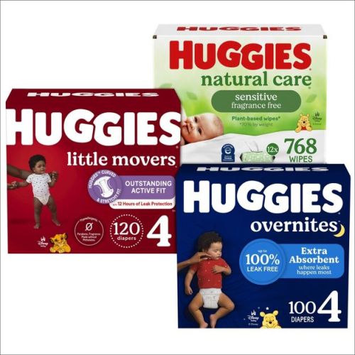 Huggies Natural Care Sensitive Unscented Baby Wipes 12pk + Size4/100ct Nighttime Baby Diapers + Size 4/120ct Little Movers Diapers