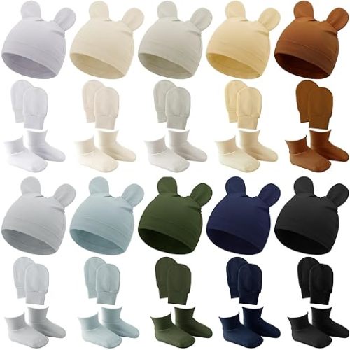 Toulite 10 Set Newborn Baby Socks Hat and Mittens Soft Ankle Sock Newborn Beanie Mitten for Boys Girls Infant