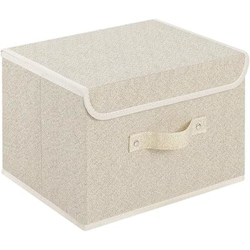 Storage Boxes, Collapsible Storage Bins with Lids, Cotton and linen cloth Storage Baskets with Handle, for Books, Closet, Bedroom, Home, 10.2x7.9x6.7 in, Grey and Beige