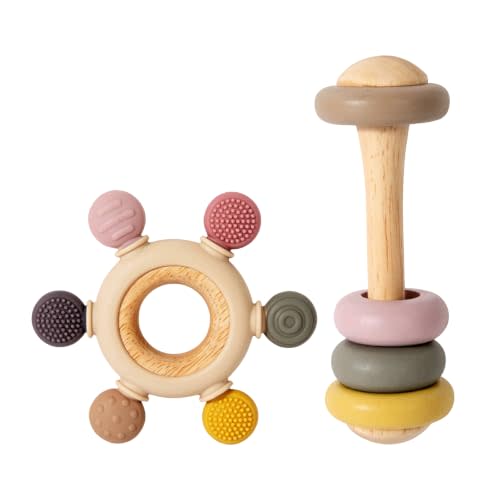 Baby Teething Toys Set–Silicone Teether & Wooden Ring Rattle Combo, BPA Free Rudder Teether for Sore Gums, Sensory Baby Essentials 0-3-6-12-24 Months Infant Boys Girls
