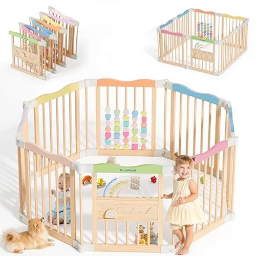 Foldable Wooden Baby Playpen - Adjustable Wood Play Yard, Indoor Large Safety Fence for Babies and Toddlers - Built-in Toys Design, 45 x 45 x 24 inches, Pastel Dream