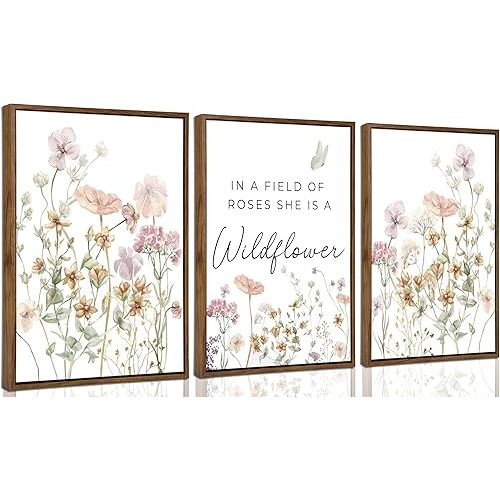 3Pcs Framed Watercolor Flowers Nursery Wall Art Florals Botanical Sentence Picture Wall Decor Pink Wildflowers Poster Print Artwork for Girl Nursery Bedroom Livingroom Inspirational Wall Decoration