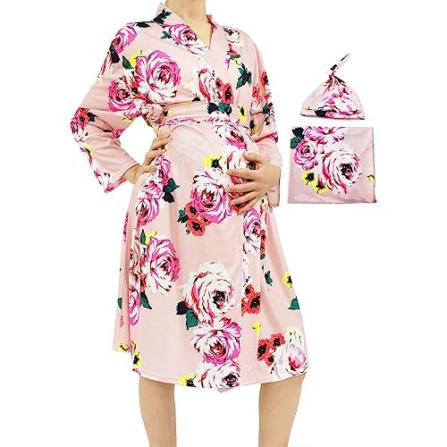 SUFEINI Maternity Mommy Robes with Matching Swaddle Blanket Set, Maternity Mommy Postpartum Bathrobe Sleepwear