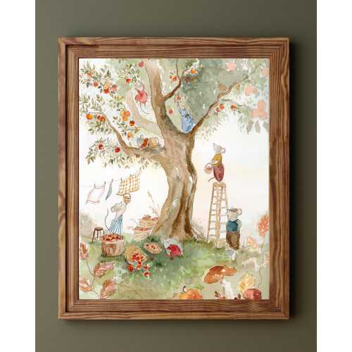 Apple picking mice watercolor illustration - Cozy Art Print, Vintage Nursery Decor, whimsical wall art