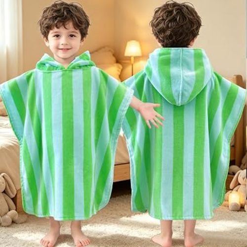 Toddler Hooded Poncho Towel 1-3Y,100% Cotton, Green Striped