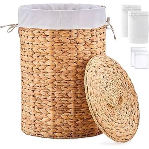 Round Water Hyacinth Laundry Hamper with Lid Handwoven Wicker Basket with Handles for Dirty Clothes, Storage, and Organization Ideal for Bedroom, Bathroom, and Laundry Room, No Assembly Required, 60L