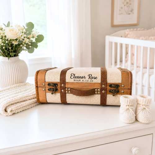 Baby Suitcase Keepsake Trunk – Personalized Memory Box with Name & Birth Date for Nursery