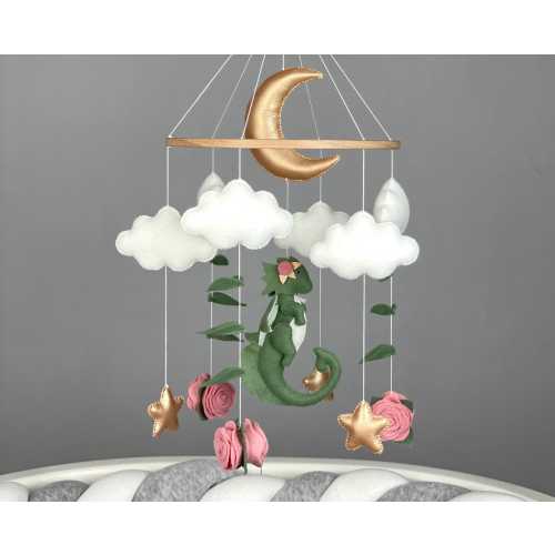 Dragon baby mobile for girl Fantasy nursery decor Dragon crib mobile Flower mobile  rose Felt dragon hanging mobile Dragon baby shower