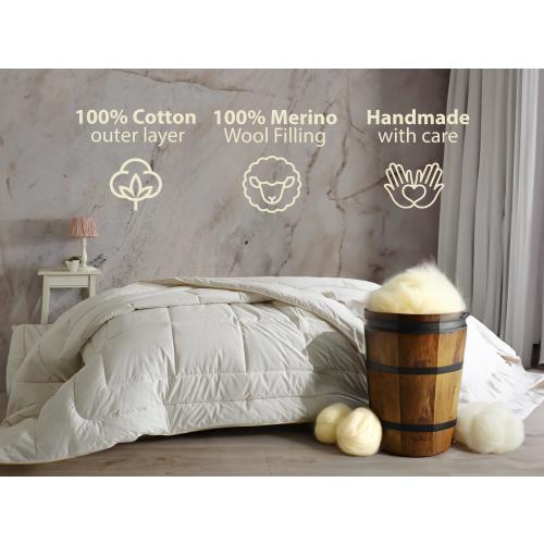 Natural Wool Quilt with Cotton Cover, 100% Wool Duvet, Hypoallergenic Cotton Bedding, All-Season Handmade Australian Wool Comforter