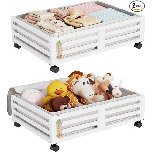 White Under Bed Storage Containers- Underbed Organizer with Wheels with Large Dust Bag,Sturdy Wood Rolling Under the Bed Shoe Storage Organizer Drawer 2 Packs (White, Small)