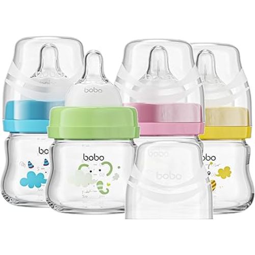 YOHKOH Glass Baby Bottles with Slow Flow Nipple, Newborn Anti-Colic Baby Bottles for 0+ Months, Wide Neck Feeding Bottle, Clear (Multicolour, 2.7oz (Pack of 4))