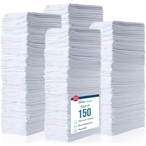 Simpli-Magic Cotton Shop Towels 14"x12" (150 Pack) – White Reusable Cleaning Shop Rags for Automobiles, Industries, Garage and Homes