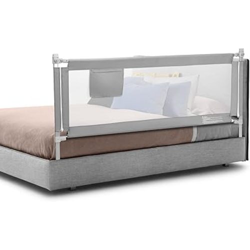 BABY JOY Bed Rail for Toddlers, 77'' Extra Long, Height Adjustable & Foldable Baby Bed Rail Guard w/Storage Pocket & Double Safety Child Lock for Kids Twin Double Full Size Queen King Mattress (Gray)