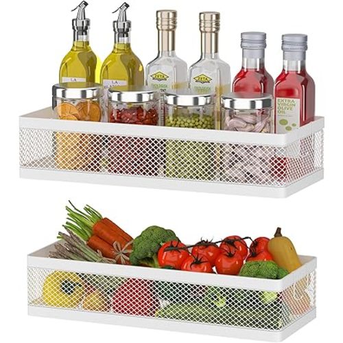 PUSDON Hanging Storage Baskets Organizer Wall Mount, Metal Wire Storage Bin Rack for Kitchen Bathroom Shower Spice Shelf Home Decor Essentials White-2 Packs (Netting)