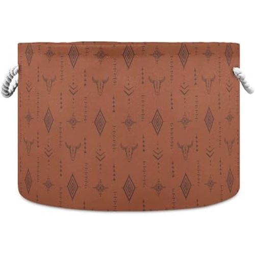 Brown Western Boho Print Round Storage Basket Vintage Cow Skull Large Laundry Hamper 20 x 20 x 14 Inches Organizer Bin Blanket Storage Bag for Bedroom Bathroom Nursery Living Room Decoration