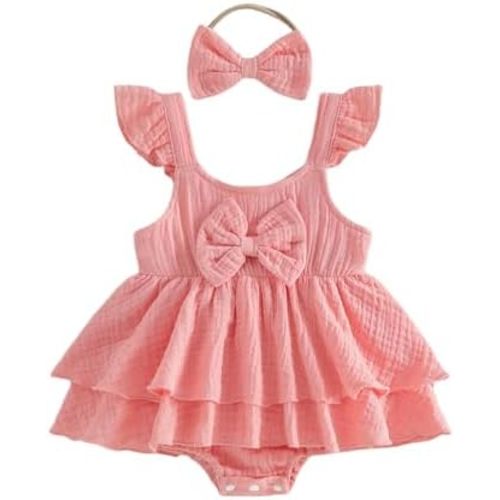 Thorn Tree Baby Girl Summer Clothes Newborn Outfit Ruffle Romper Infant Baby Dress Bow Headband Solid Cute Outfits Girls