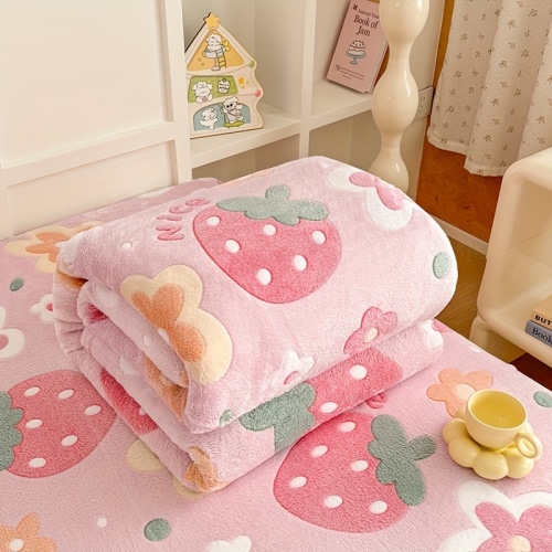 1pc Floral Print Soft Flannel Blanket - All-Season Cozy Throw for Bed, Sofa & Travel, Machine Washable Lightweight Multi-Use Home Decor in Mixed Colors, Blanket for Bed, Bedroom Comfort, Strawberry Theme Decor, Skinfriendly Fabric