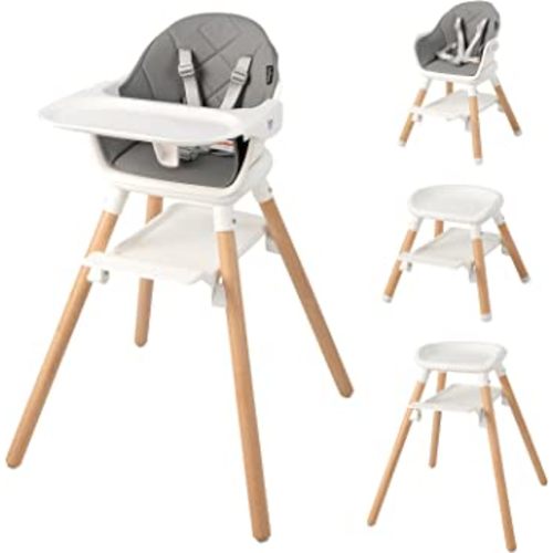 BABY JOY Baby High Chair, 6 in 1 Convertible Wooden High Chair for Babies & Toddlers with Adjustable Legs, Double Removable Tray, Safety Harness & Waterproof PU Cushion (White)