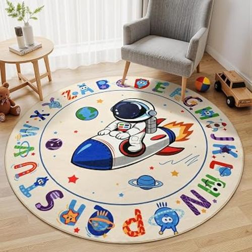 ABC Kids Alphabet Round Rug 6ft – Washable Soft Circle Nursery Rug, Non-Slip Educational Carpet with Space Astronaut Design for Classroom, Playroom & Kids Room Decor Blue