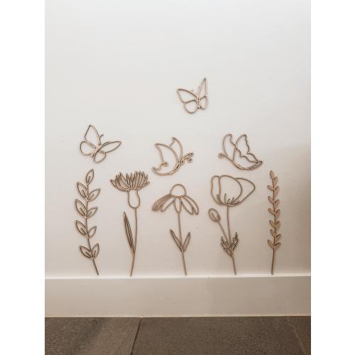 Wooden Wildflower Decal Set – Boho Nursery Wall Decor, Floral Wood Wall Stickers, Baby Girl Room Decor, Botanical Wall Art, Neutral Kids