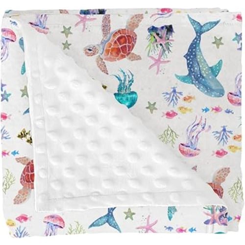 Fantasy Sea Animals Baby Blanket for Girl Boy Turtle Whale Jellyfish Corals Soft Mink Dotted Backing Double Layer Receiving Blanket Nautical Marine Life Bed Throws for Newborn Toddler Nursery 30x40