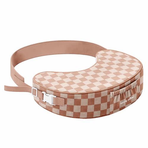 Foam Nursing Pillow for Breastfeeding Moms – Adjustable Waist Strap, Removable Washable Cover, Side Pocket – Comfortable Baby Feeding Cushion, Pink Checkborad