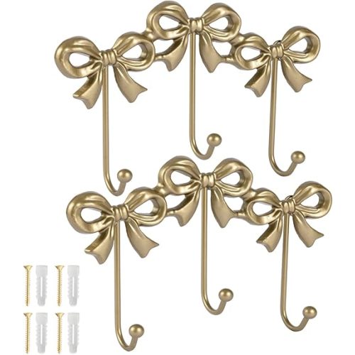 2Pcs Gold Bow Hooks Coat Rack, Wall Mount Coat Hook, Bow Room Wall Decorations, Wall Hook for Hanging Coat, Hat, Jacket (Gold