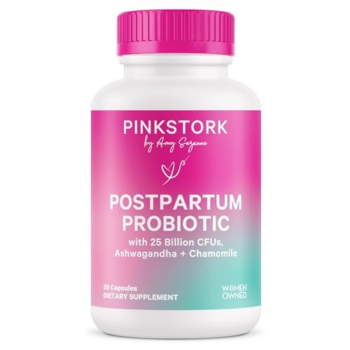 Pink Stork Probiotics for Postnatal Women - 30 Billion CFUS with Ashwagandha and Chamomile, Postpartum Essentials for Hormone Balance, Mood Support, Gut Health, Digestive Wellness, 30 Capsules