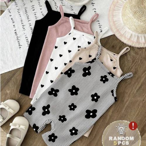 SHEIN LMoss Kids [Random 5pcs,Send 1pc] Baby Girl Casual Camisole Romper,Vintage Sweet Black & White Striped,Mini Floral Print,Cute Summer Vacation Outfits,Y2K Kawaii