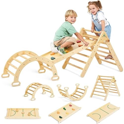 FUN FOREST 7-in-1 Wooden Pikler Triangle Set, Real Wood Foldable Montessori Indoor Jungle Gym for Toddlers with Air Hockey Table (Medium)