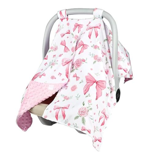 Baby Car Seat Cover, Peekaboo Opening Car Seat Canopy for Baby Girls Boys, Mom Nursing Breastfeeding Covers, Blanket for Infant, Pink Rose