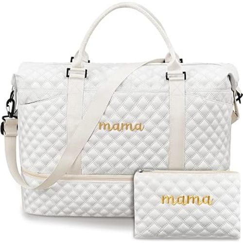 Mama Hospital Bag for Women Labor Delivery Travel Duffle Bag with Shoe Compartment and Toiletry Pouch Waterproof Letter Embroidered for Weekender Overnight Gym Gift, Beige