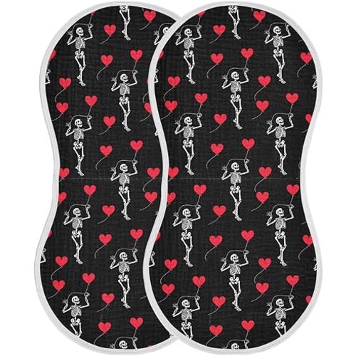 Skeleton Heart Gothic Muslin Burp Cloths for Baby Boys and Girls - 2-Pack Ultra Absorbent Muslin Washcloths, Newborn Towel, Milk Spit Up Rags, Burp Cloth Bibs for Unisex, 22 x 11 Inch