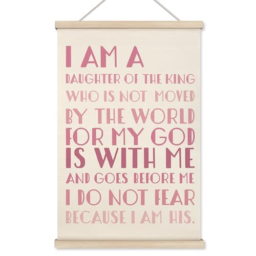 HRQKO Christian Pink Daughter of the King Wall Art Poster Hanger Frame, Boho Bible Verses Wall Decor Posters with Wooden Frames, Scripture Wall Hanging Banner Decor for Nursery Girls Room, 16x24 Inch