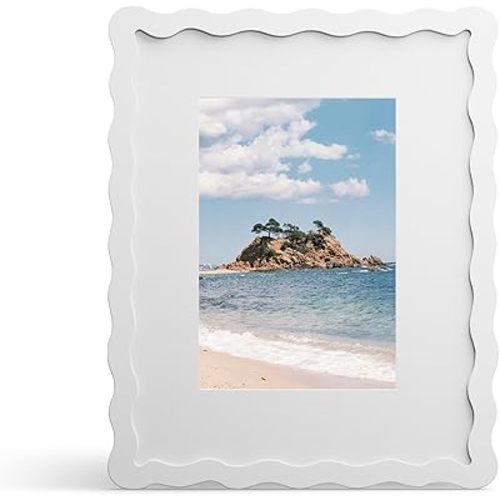 8x10 Picture Frame with Mat for 5x7, Wavy Edge Wooden Real Glass Photo Frame for Tabletop and Wall Hanging, White, 1 Pack