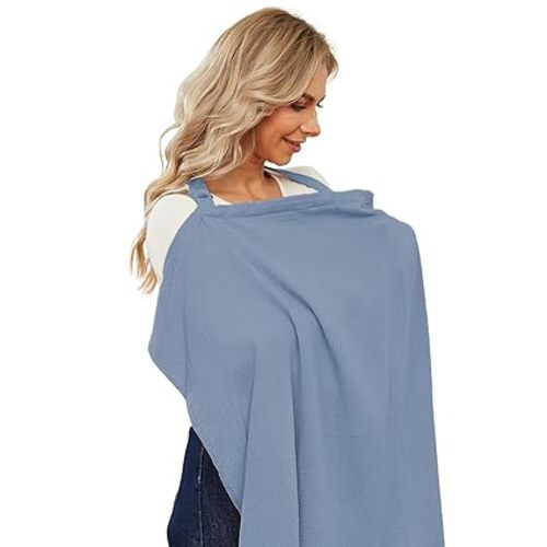 Muslin Nursing Cover for Baby Breastfeeding, Breathable Privacy Nursing Covers for Mom 100% Cotton Breastfeeding Cover with Rigid Hoop for Mother Nursing Apron (Sky Blue)