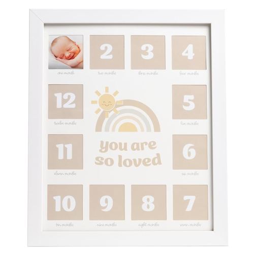 Kate & Milo My First Year Baby Photo Frame – Monthly Milestone Picture Display, Keepsake Nursery Decor for Newborn Girl or Boy, You Are So Loved Sentiment, White