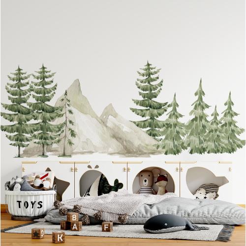 pine tree and mountain wall decals, forest wall decals, kids room decals, woodland wall decals