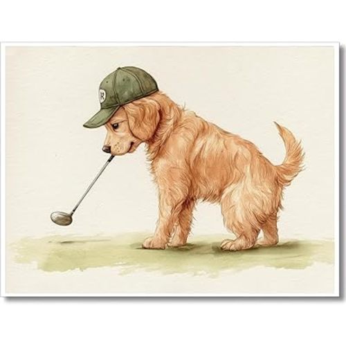 ZKFANKE Funny Dog prints Pet Portrait Art Kids Sport Posters Animal wall Art Nursery Poster Golfing Puppy Picture 16X12Inch Unframed for Bathroom Bedroom Teen Boys Bedroom Children's Room