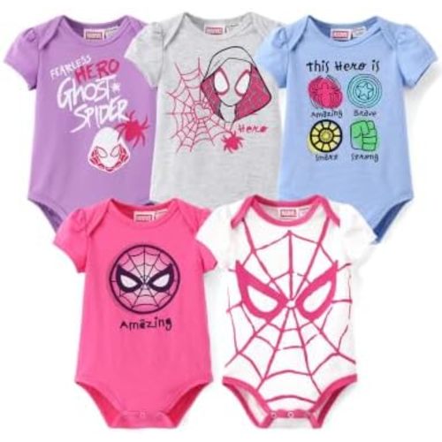 Disney Marvrl Princess Stitch Minnie Baby Girls Clothes, 5 Pack Short-Sleeve Bodysuits, Newborn to Infant Outfit, 0-18 Months