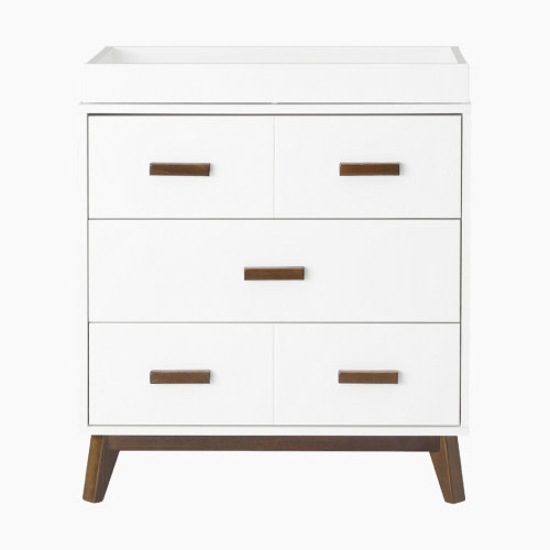 babyletto Scoot 3-Drawer Changer Dresser with Removable Changing Tray - White/Natural Walnut