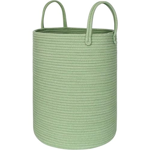 Large Green Laundry Basket, 15"x18" Tall Woven Cotton Rope Bin for Blankets Clothes, Baby Nursery Laundry Hamper, Kids Toy Storage Bin, Green Living Room Bedroom Decor Baskets for Organizing