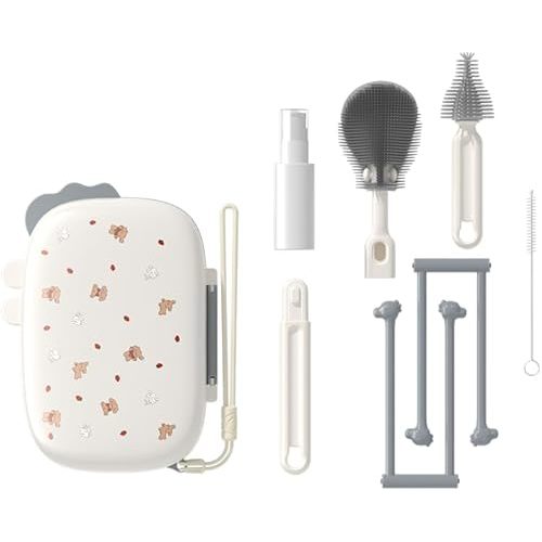 TPE & Silicone Travel Baby Bottle Cleaning Kit, 6-in-1 Baby Bottle Cleaner Brush Set with Breast Pump Cleaning, Nipple Brush, Straw Brush, Soap Dispenser, Portable Drying Rack, Baby Travel Essential