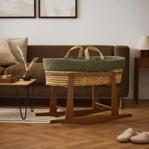 Natural Quilted Rice Moses Basket, Mattress & Walnut Rocking Stand Jun ‐ The Little Green Sheep