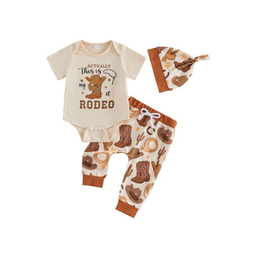 BemeyourBBs This is My First Rodeo Baby Boy Cowboy Outfit Western Newborn Baby Boys Spring Summer Fall Clothes Booties Print Short Sleeve Romper with Long Pants Hat 3Pcs Set