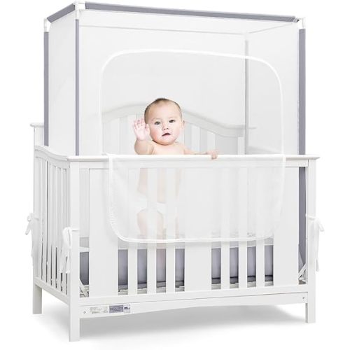 2025 Upgrade Crib Tent to Keep Baby from Climbing Out, Crib Net to Keep Baby in, See Through Crib Cover for Safety, Mosquito Net for Crib with Strong Mesh and Durable Zipper, Easy to Install (Gray)