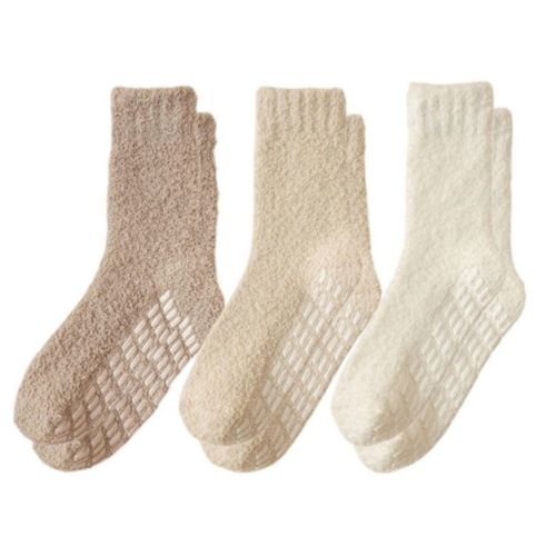 Alilang Women's 3-Pack Anti-Slip Fuzzy Grip Socks for Cozy Indoor Comfort - Neutrals