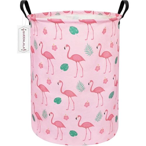 QUEENLALA Large Storage Basket,Laundry Hamper/Bathroom/Home Decor/Collapsible Round Storage Bin,Boys and Girls Hamper/Boxes/Clothing(Round-Pink Flamingo)